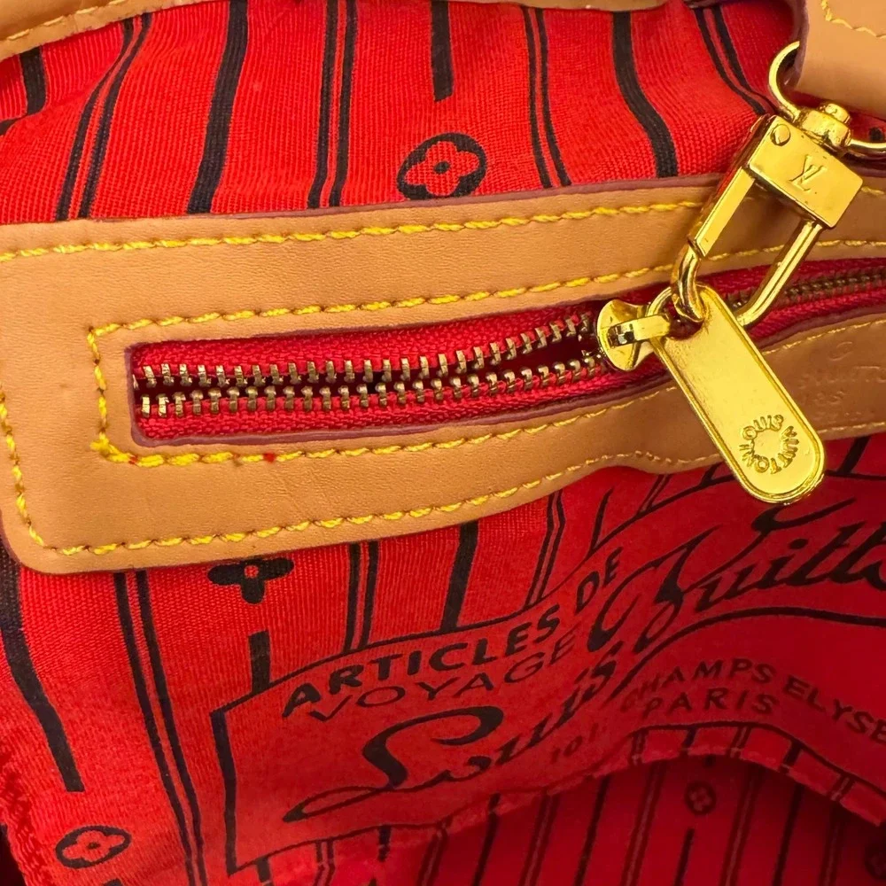 Monogram Tote Bag Brown Coated Canvas Red Striped Interior Gold Hardware